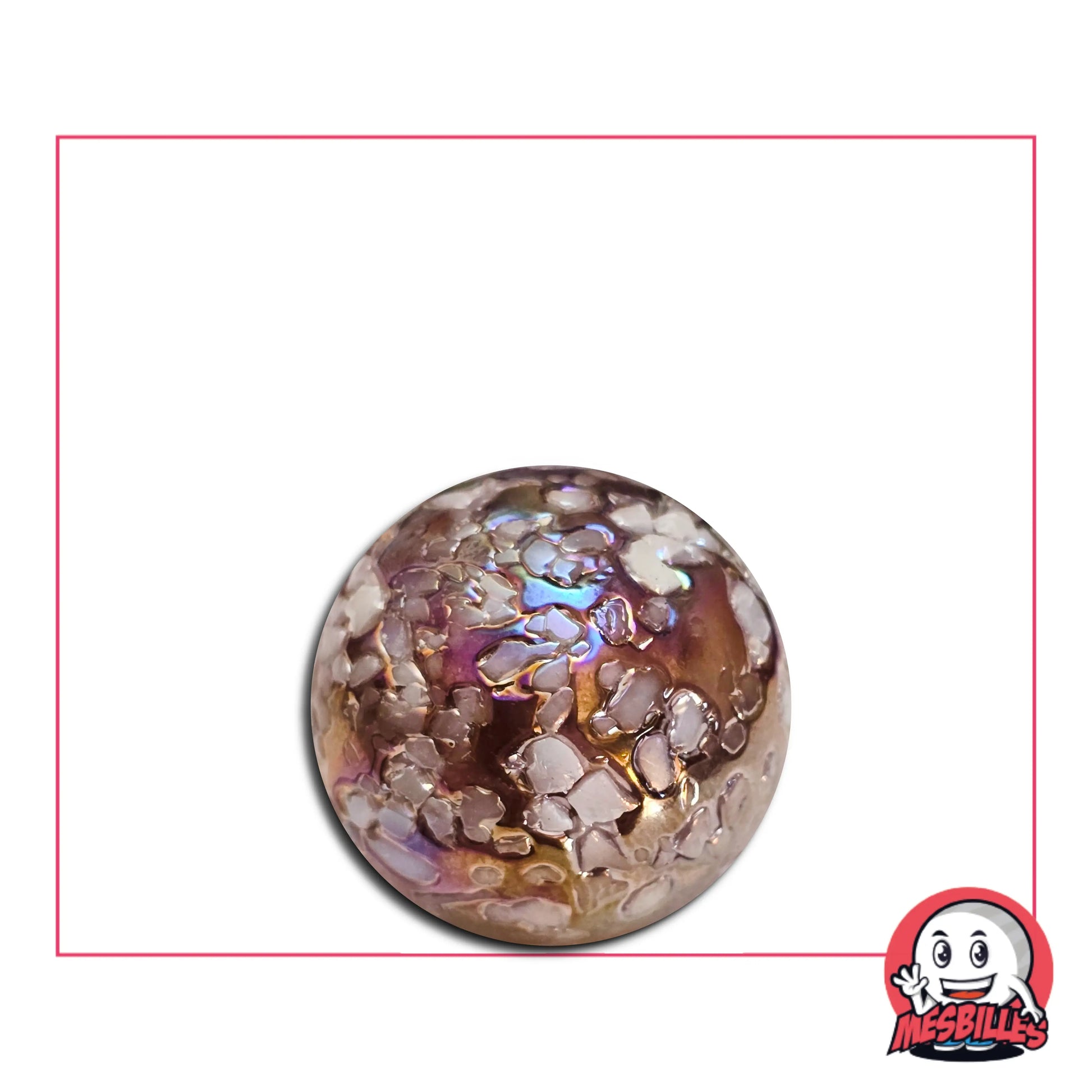 Bille de 16 mm à surface texturée, rose nacré et irisée, évoquant une planète lointaine couverte de poussière de silice