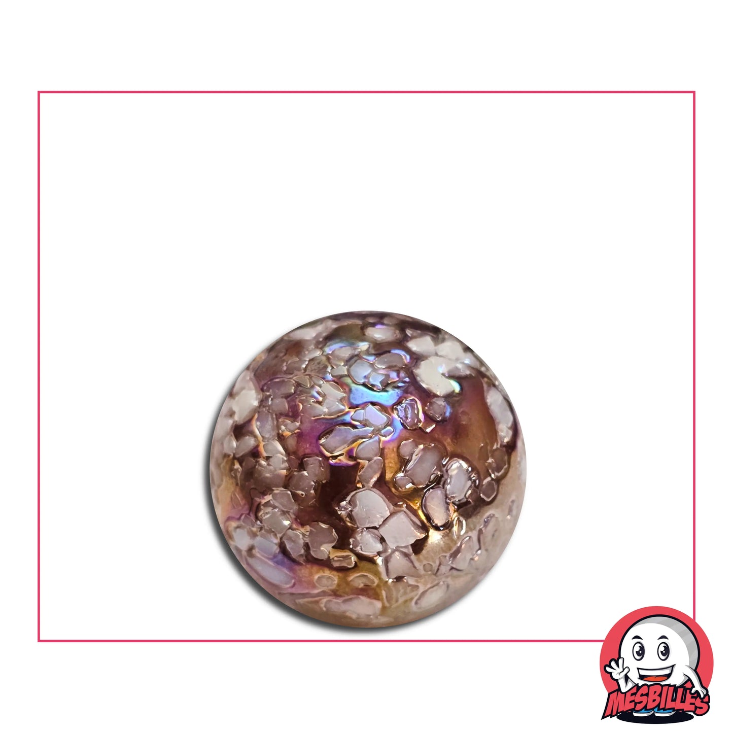 Bille rose volet irisé de 25 mm avec surface texturée rappelant une exoplanète balayée par des vents de sable stellaire