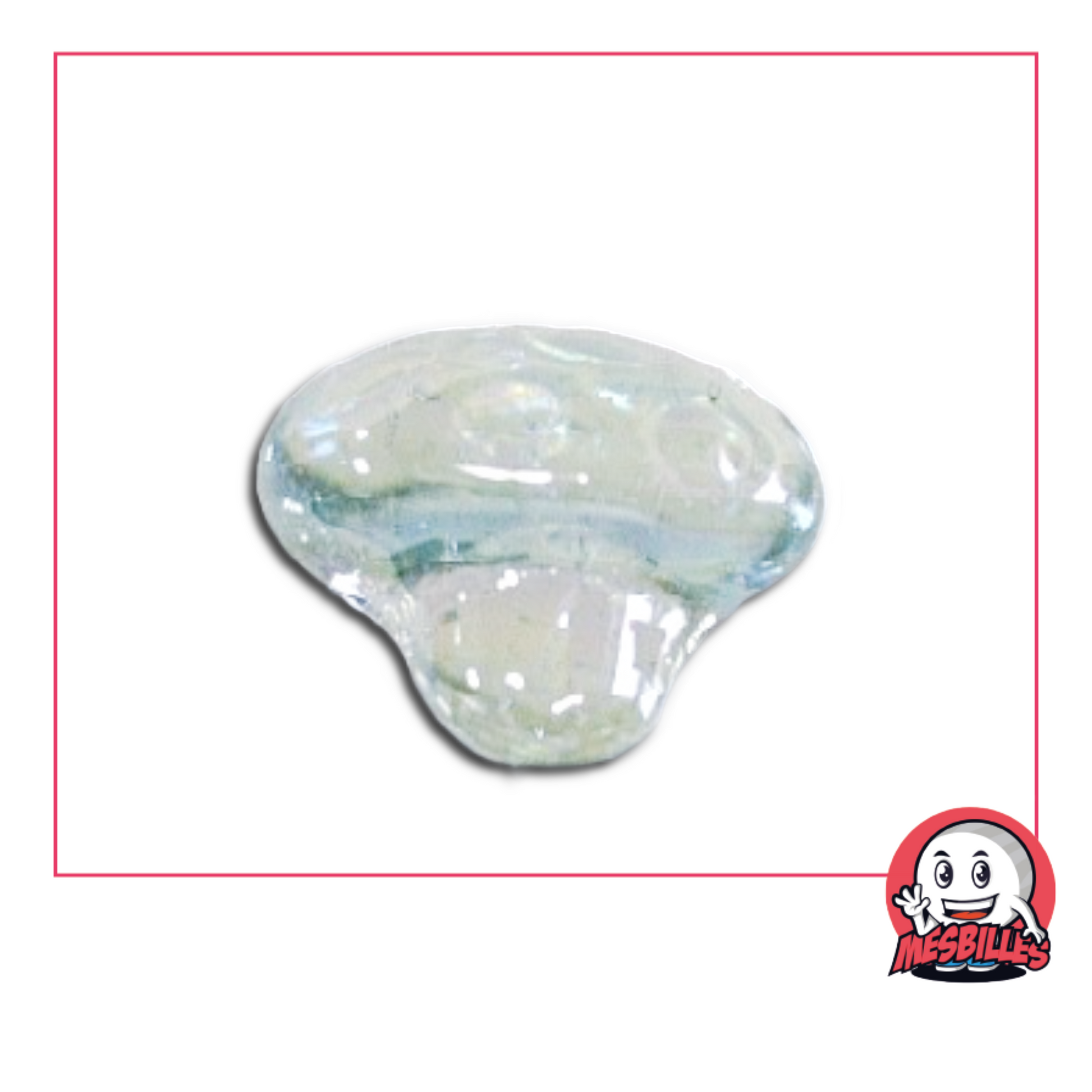 Photo d’une bille en forme de petit champignon en verre translucide clair, vendue à l’unité sur la boutique MesBilles.
