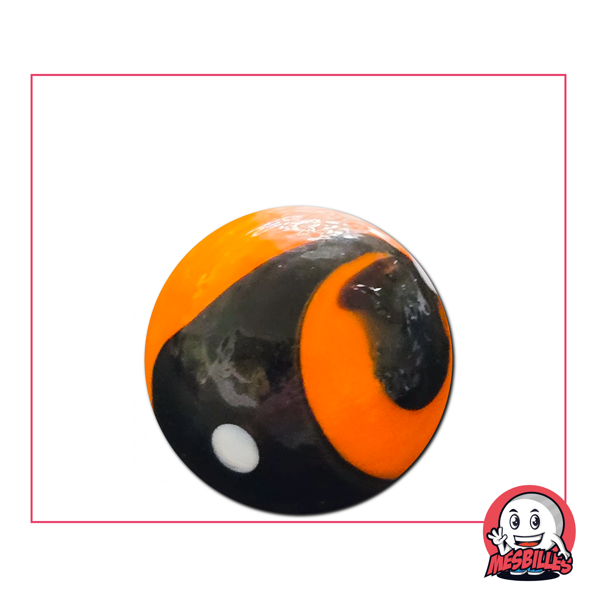 Bille Big-Bang orange et noir 25 mm – bille ronde en verre au motif flamboyant et contrasté