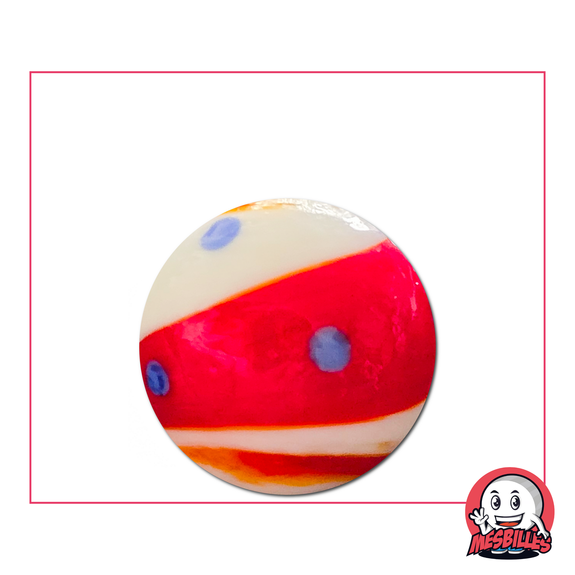 Bille Big-Bang rouge et bleu 25 mm – bille en verre blanche à pois bleus et bande rouge artistique