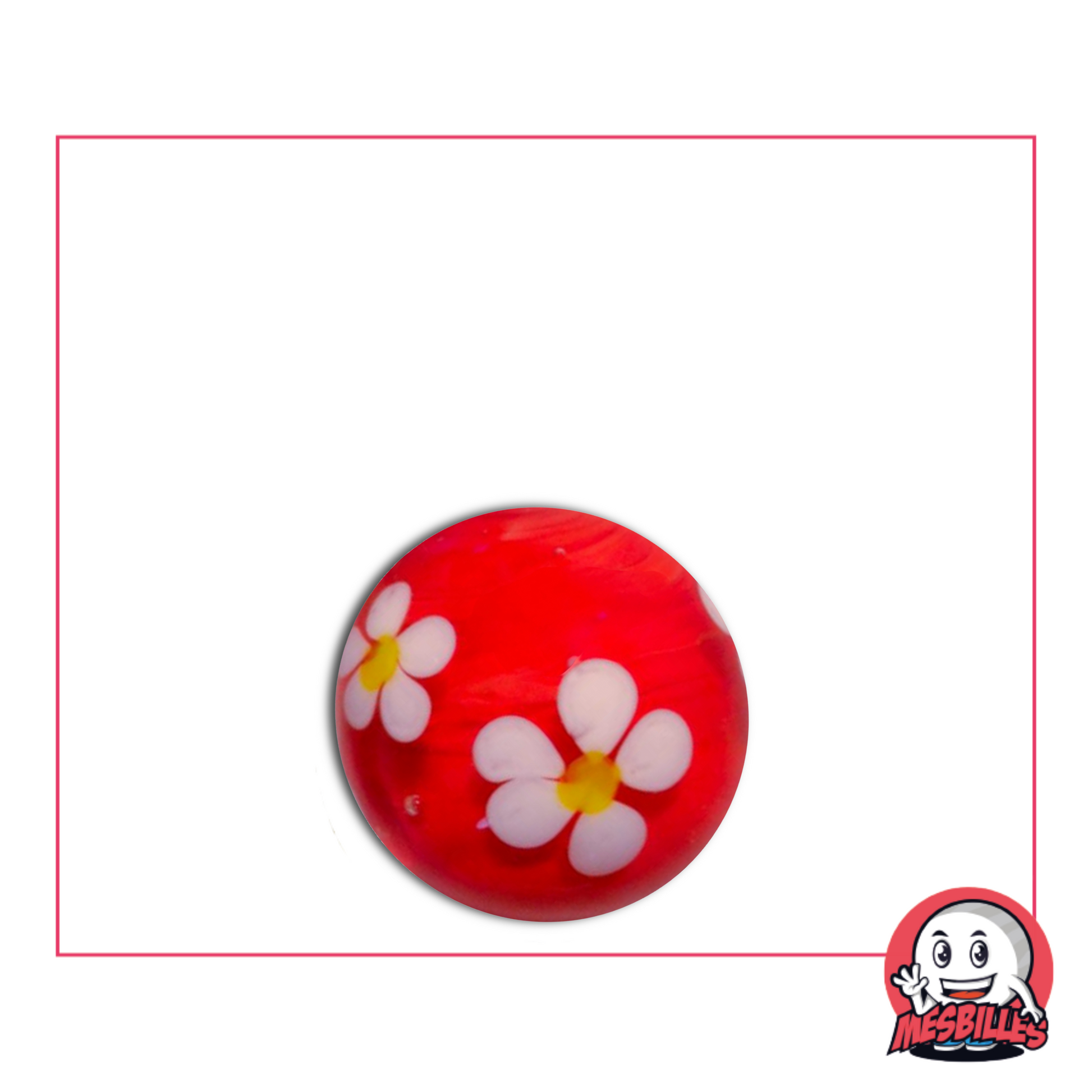 Bille rouge de 16 mm avec une fleur blanche à cinq pétales figée dans le verre, motif floral artisanal