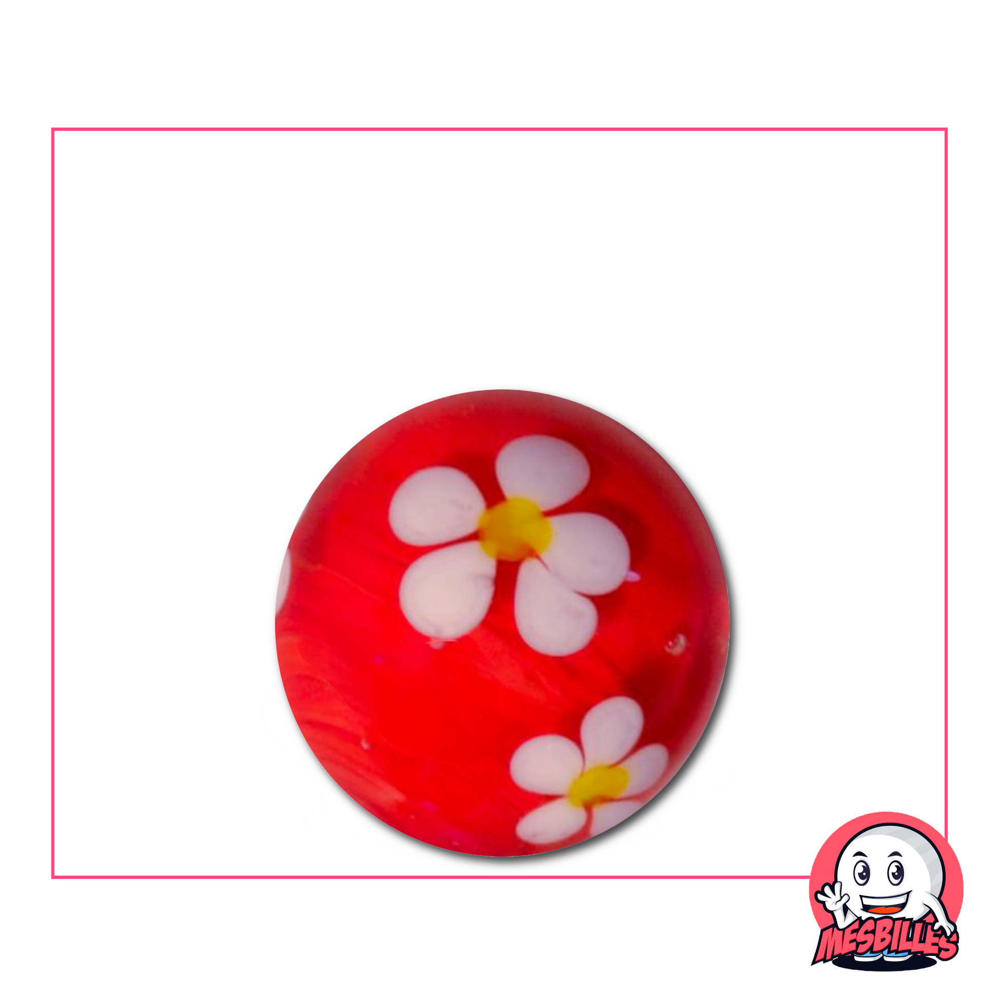Grande bille rouge de 22 mm avec une fleur blanche à cinq pétales incrustée dans le verre transparent