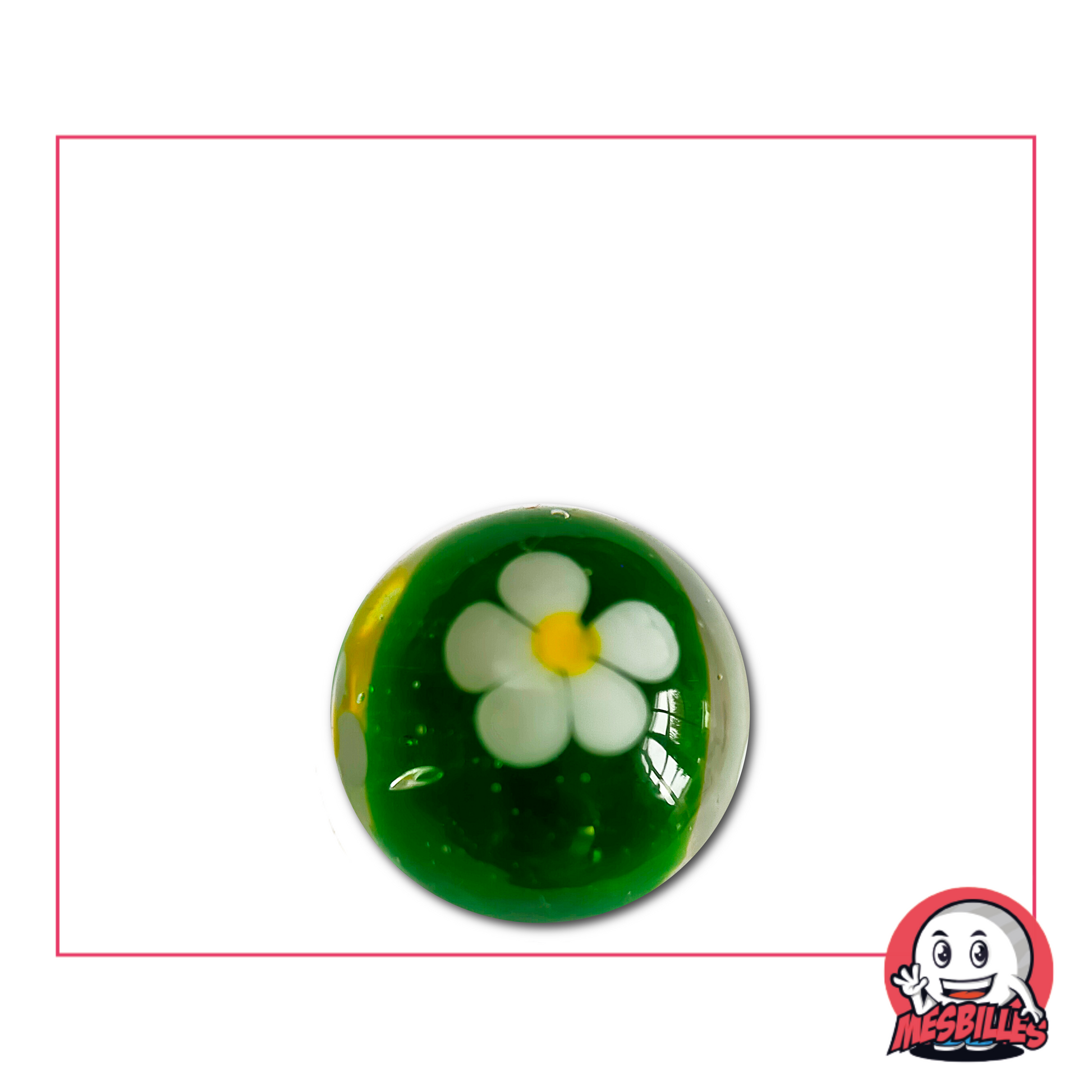 Bille verte de 16 mm avec fleur blanche à cinq pétales emprisonnée dans le verre, style artisanal