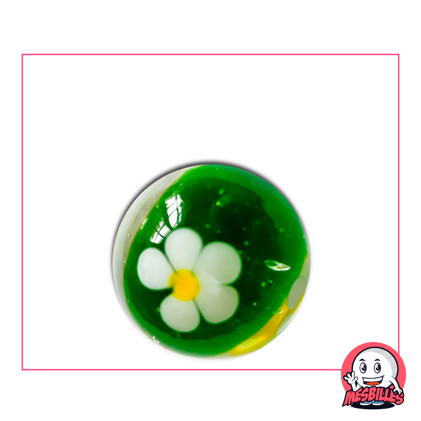 Grande bille verte de 22 mm avec fleur blanche à cinq pétales figée dans le verre, effet jardin miniature