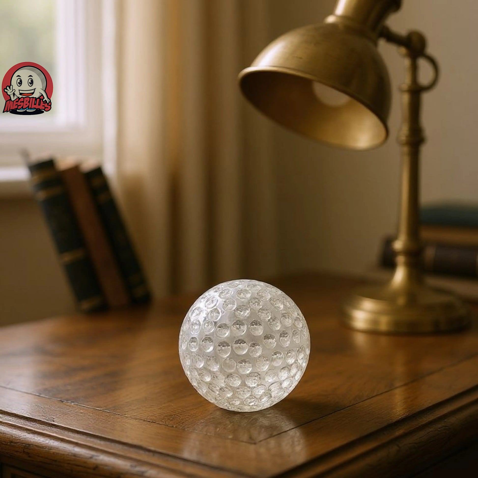 Bille Balle de Golf Cristal 100 mm en verre transparent sculpté, inspirée des vraies balles de golf. Un objet décoratif original et fragile, soufflé à la main