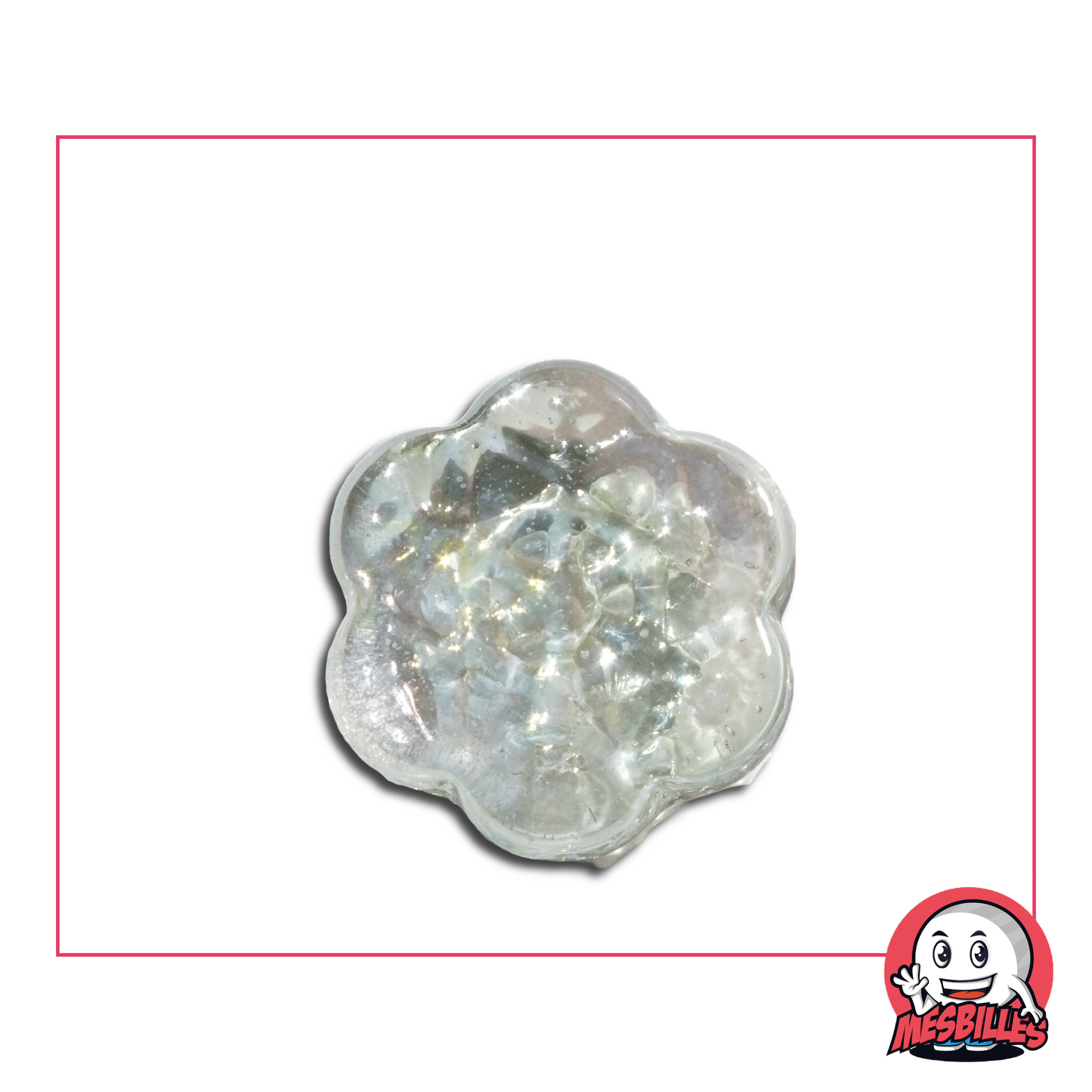 Bille flocon cristal : une bille plate et translucide en forme de flocon de neige.
