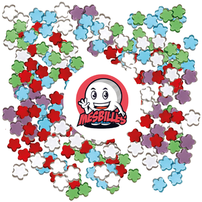 Image de la Mascotte MesBilles entourée de Billes Extra-Plate Fleur en Verre Translucide Vert - MesBilles