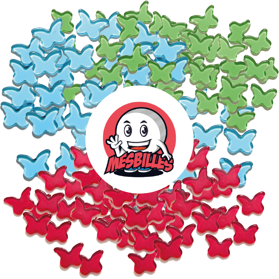 Image de la Mascotte MesBilles entourée de Billes Extra-Plate Papillon en Verre Translucide Rouge - MesBilles