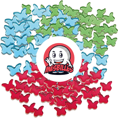 Image de la Mascotte MesBilles entourée de Billes Extra-Plate Papillon en Verre Translucide Rouge - MesBilles