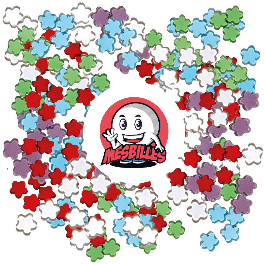 Image de la Mascotte MesBilles entourée de Billes Extra-Plate Fleur en Verre Translucide Bleu