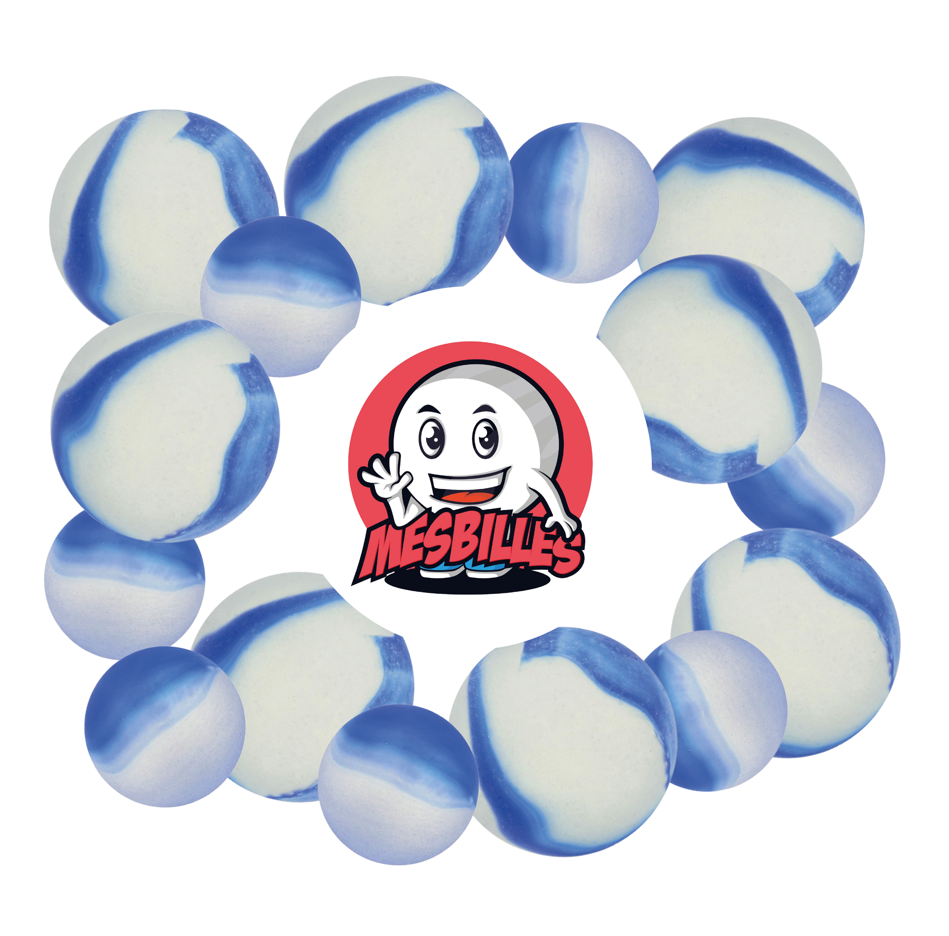 Image de la Mascotte MesBilles entourée de Billes Givré - Bille en verre Dépoli strié de Bleu 14 mm MesBilles