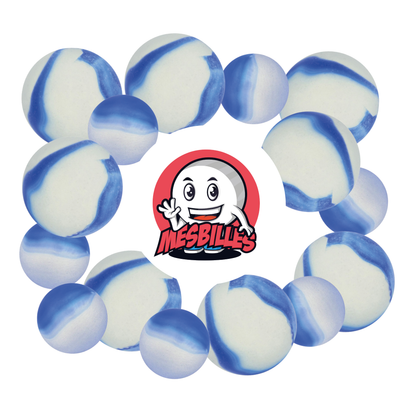 Image de la Mascotte MesBilles entourée de Billes Givré - Bille en verre Dépoli strié de Bleu 16 mm MesBilles