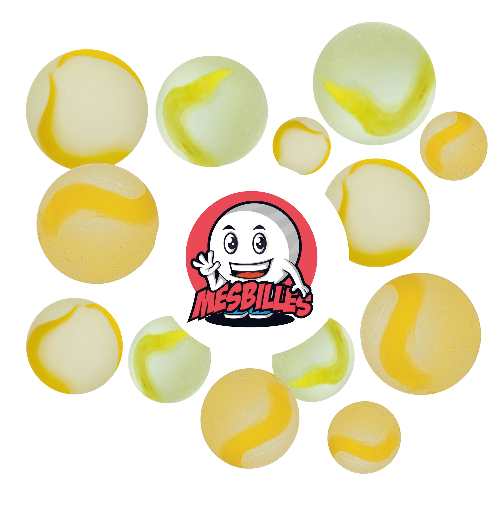 Image de la Mascotte MesBilles entourée de Billes Givré - Bille en verre Dépoli strié de Jaune 16 mm MesBilles