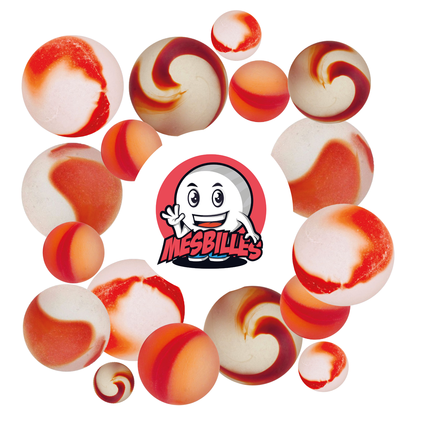 Image de la Mascotte MesBilles entourée de Billes Givré - Bille en verre Dépoli strié de Rouge 16 mm MesBilles