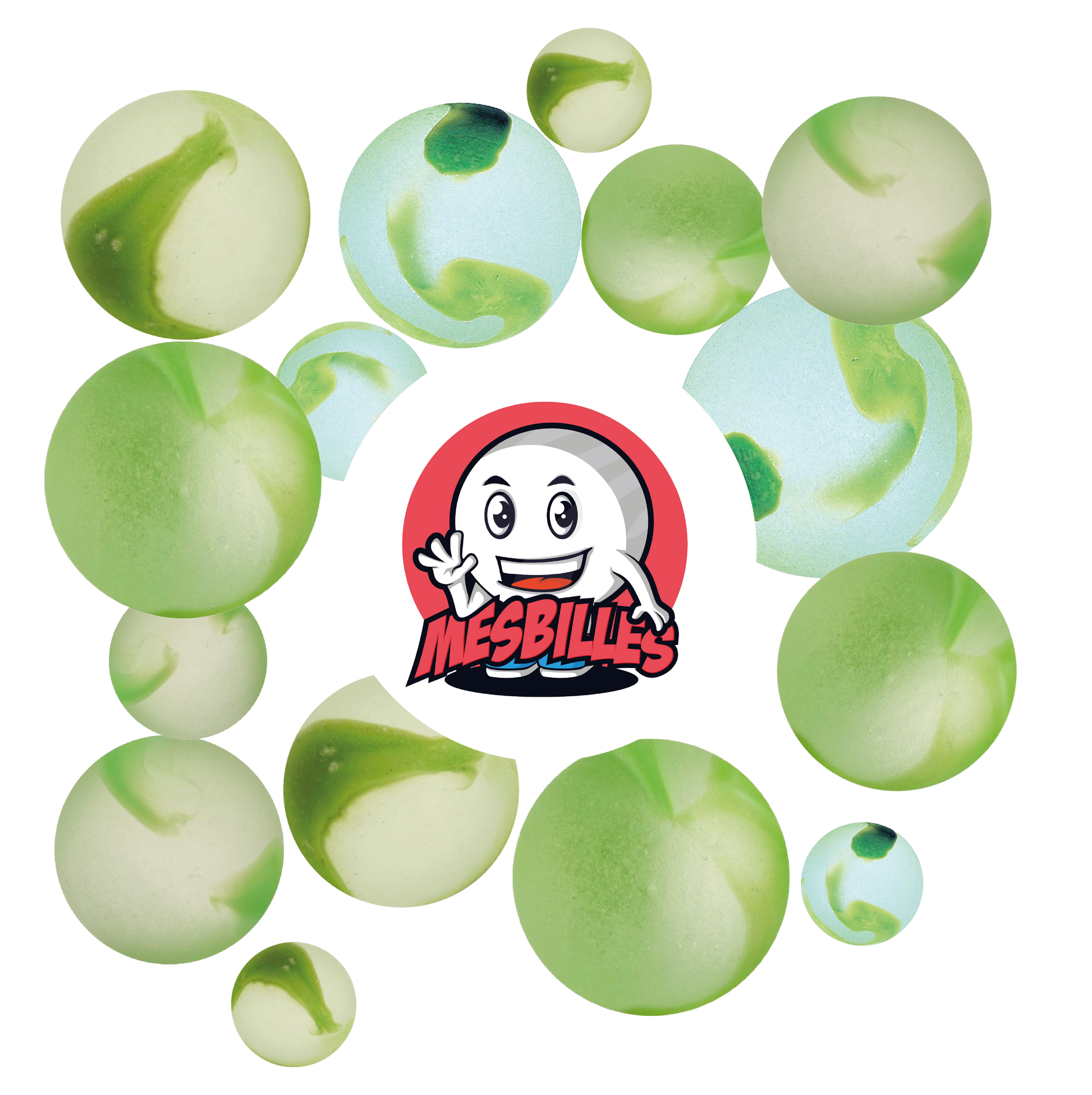 Image de la Mascotte MesBilles entourée de Billes Givré - Bille en verre Dépoli strié de Vert 14 mm MesBilles