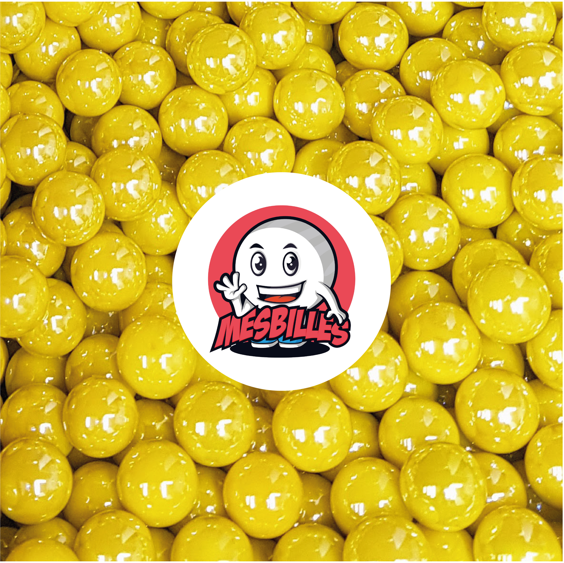 Image de la Mascotte MesBilles entourée de Billes Glossy 16 mm - Verre Opaque et Brillant Jaune Nacré