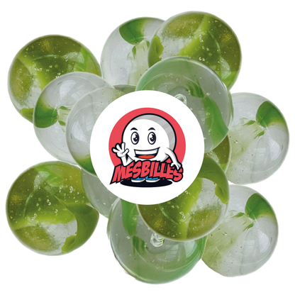 Image de la Mascotte MesBilles entourée de Billes Nénuphar 25 mm - Verre Translucide Cristal strié de Vert