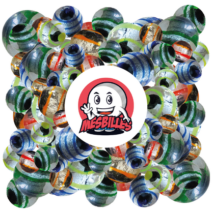 Image de la Mascotte MesBilles entourée de Petite Billes Oeil de Dragon MesBilles, 16mm, semi-opaque noir et argenté avec rayures orangePetite Billes Oeil de Dragon MesBilles, 16mm, semi-opaque noir et argenté avec rayures orange