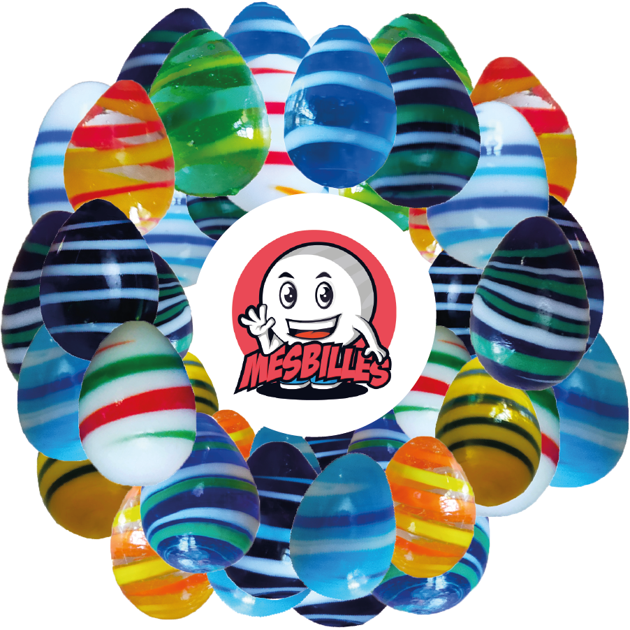 Image de la Mascotte MesBilles entourée de Billes Oeuf translucide Bleu-Nuit avec rayures blanches et bleues, MesBillesBilles Oeuf translucide Bleu-Nuit avec rayures blanches et bleues, MesBilles