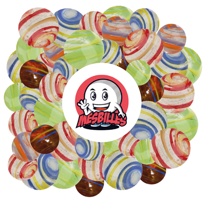 Billes 25 mm Cyclone Orange et Bleu KimPlay en verre Translucide et billes Multi-Couleurs autour de la Mascotte MesBilles