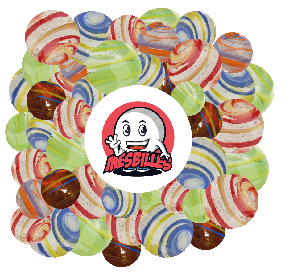 Billes 25 mm Cyclone Orange et Rouge KimPlay en verre Translucide et billes Multi-Couleurs autour de la Mascotte MesBilles