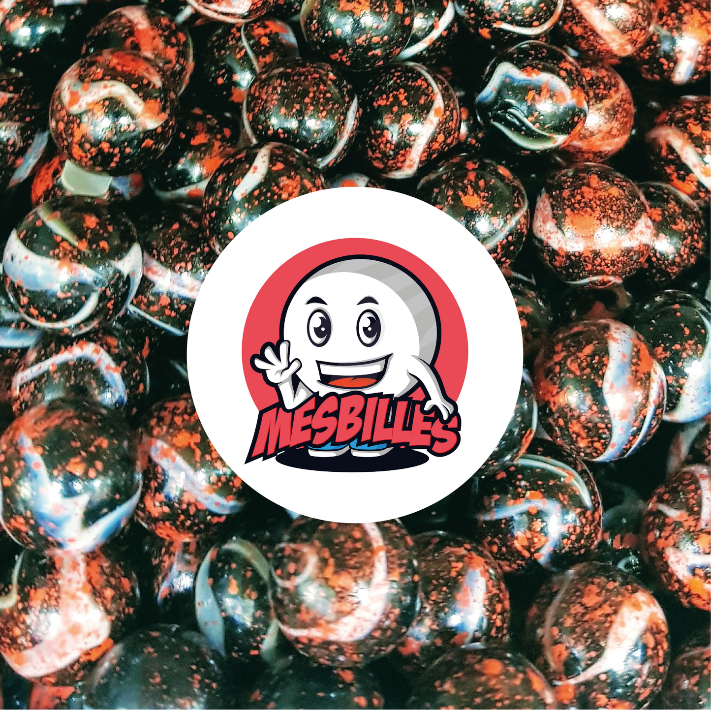 Image de la Mascotte MesBilles entourée de Billes Dracula 16 mm en verre opaque blanc rouge taché de noir