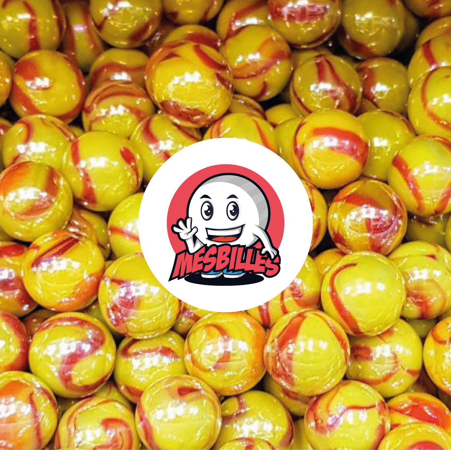 Immagine della mascotte MieiBiglie circondata da biglie Dragon 14 mm - Incredibile combinazione di giallo e rosso in un vetro opaco e brillante