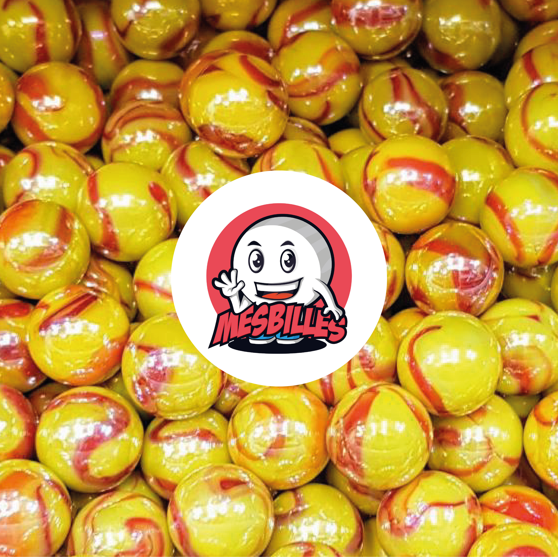 Immagine della mascotte MieiBiglie circondata da biglie Dragon 14 mm - Incredibile combinazione di giallo e rosso in un vetro opaco e brillante