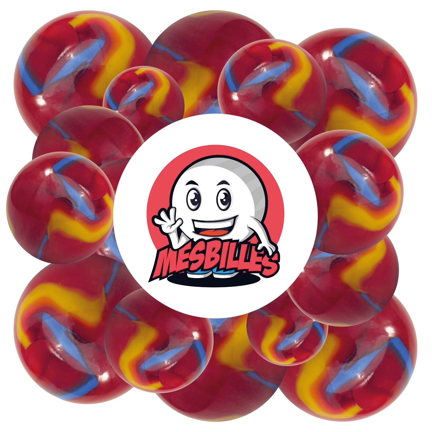 Image de la Mascotte MesBilles entourée de Billes Fiesta 16 mm rouge striée de bleu et de jaune