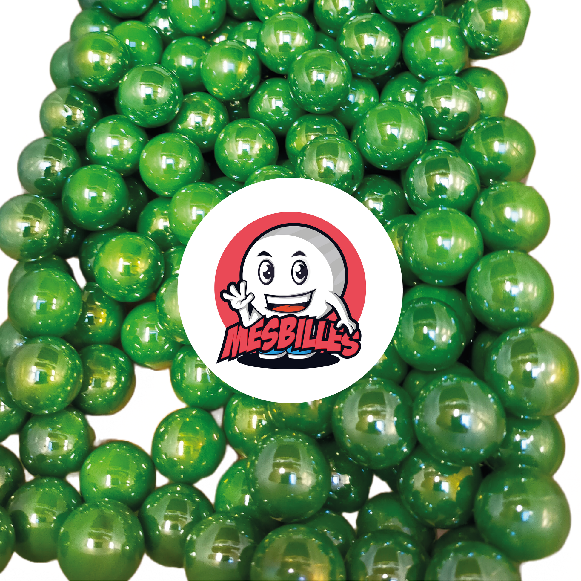 Image de la Mascotte MesBilles entourée de Billes Glossy Vert Nacré 16 mm - Bille en verre ronde brillance nacrée.
