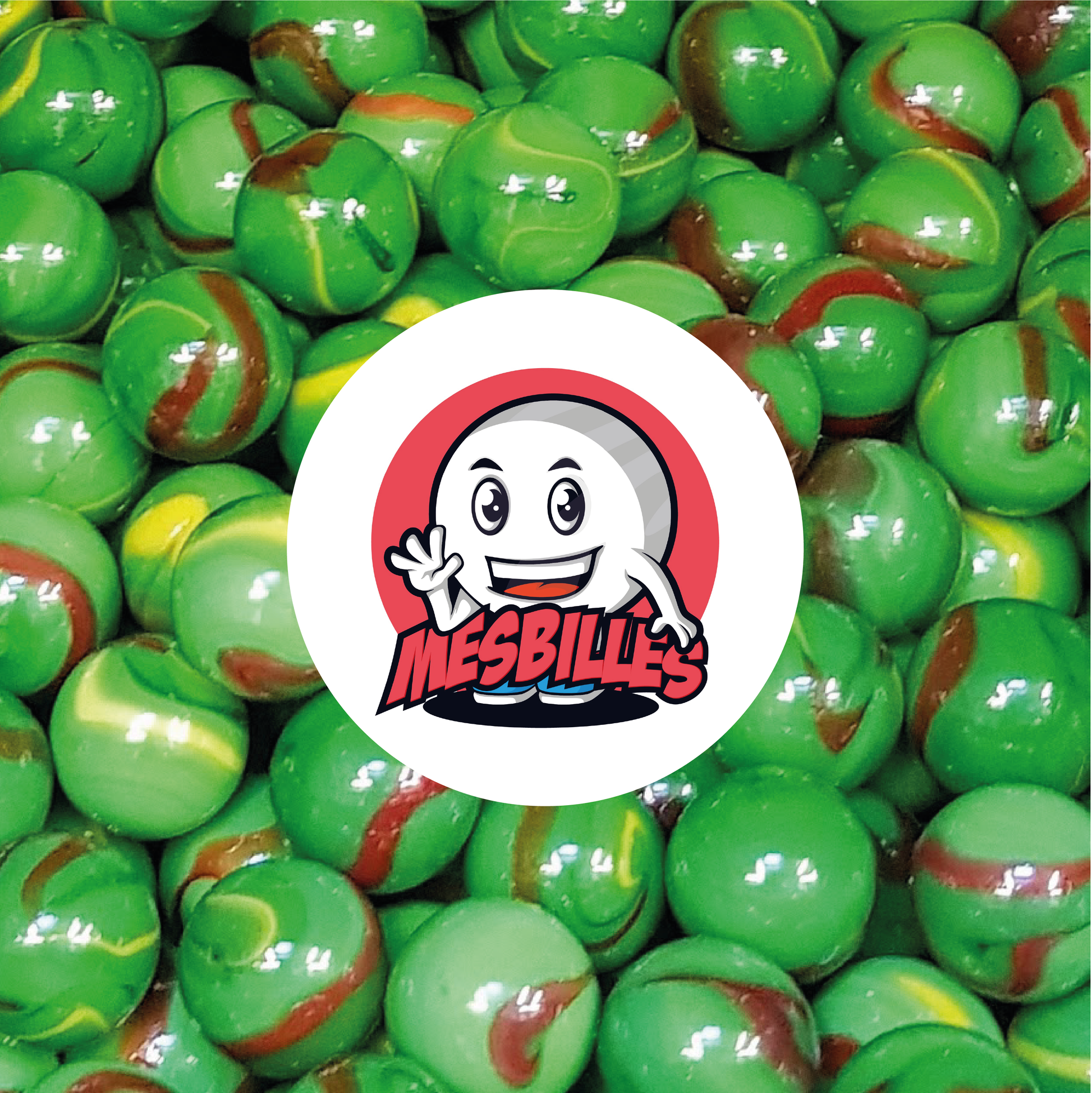 Image de la Mascotte MesBilles entourée de Billes Jungle 22 mm Vert Jaune Marron