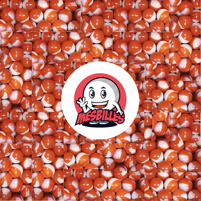Image de la Mascotte MesBilles entourée de Billes Junon 14 mm Orange avec traces de blanc