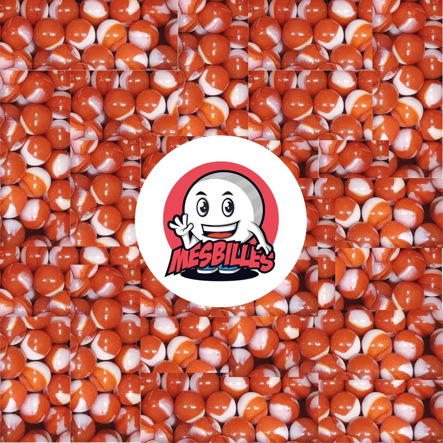 Image de la Mascotte MesBilles entourée de Billes Junon 16 mm Orange avec traces de blanc