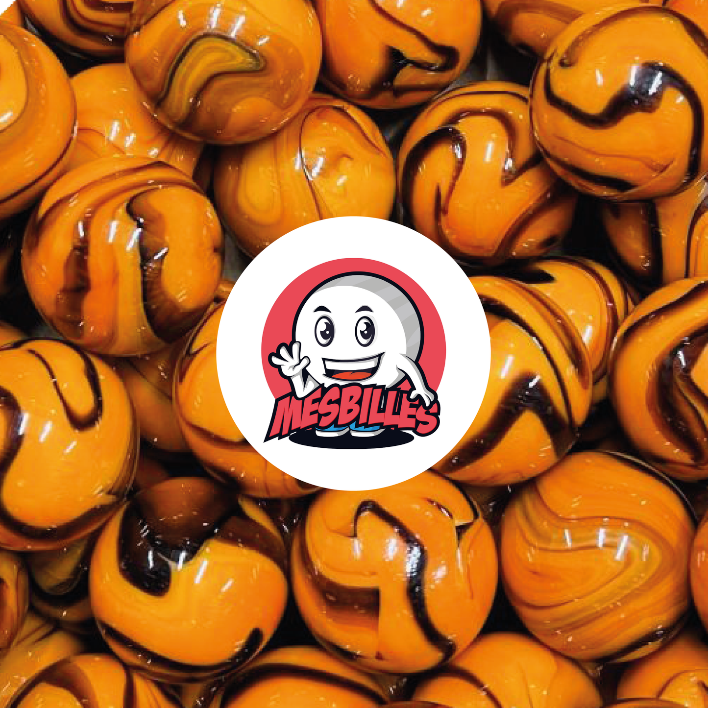 Image de la Mascotte MesBilles entourée de Billes Jupiter 16 mm de couleur Orange striée de Marron