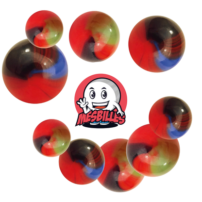 Image de la Mascotte MesBilles entourée de Billes Lautrec en verre orange strié de vert et marron de 16 mm