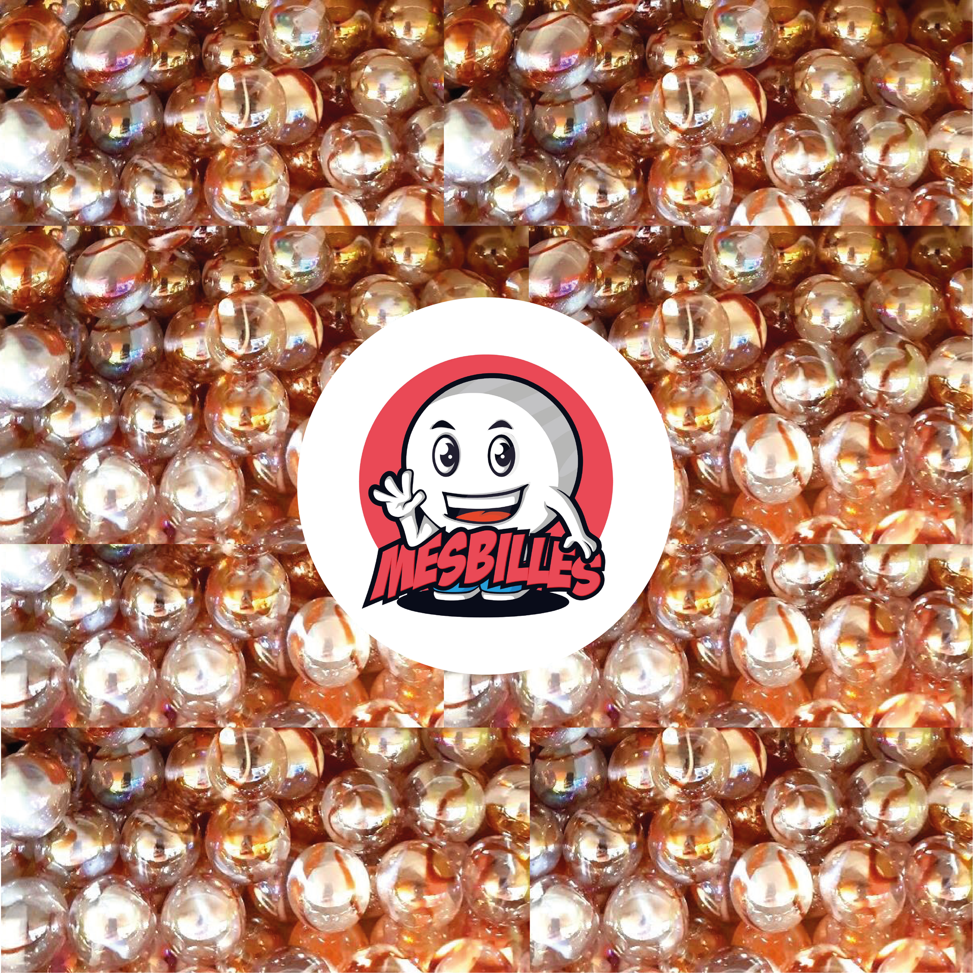 Image de la Mascotte MesBilles entourée de Billes translucide rose orangé traversée d'ambre orange, Billes Limonade 22 mm