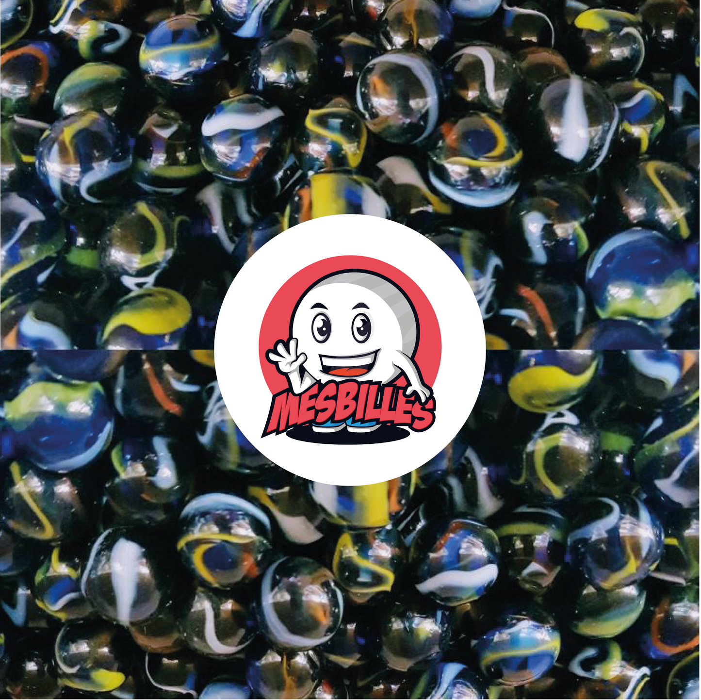 Image de la Mascotte MesBilles entourée de Billes Michel-Ange en verre bleu, avec striures rouges, blanches et jaunes, 16 mm