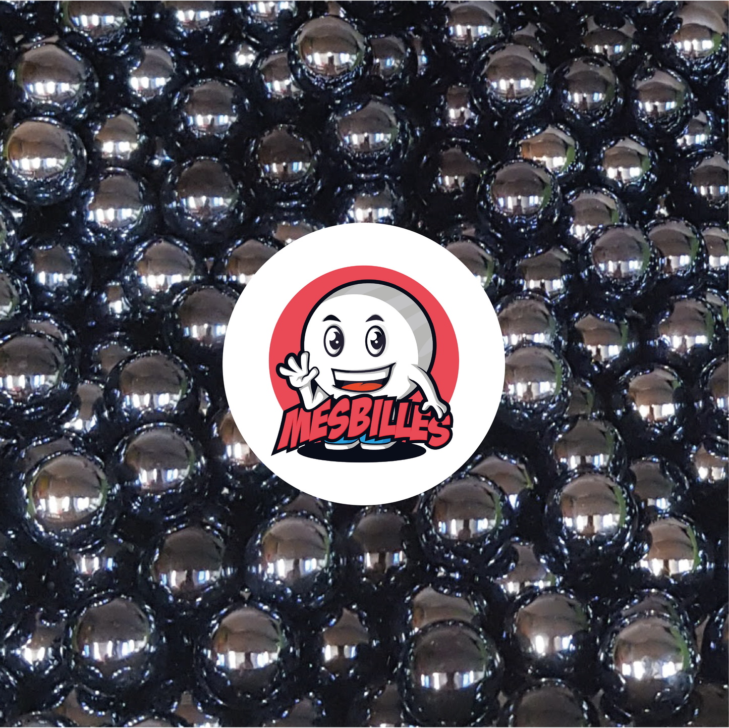 Image de la Mascotte MesBilles entourée de Billes Glossy nacrées opaques brillantes Noires 16 mm