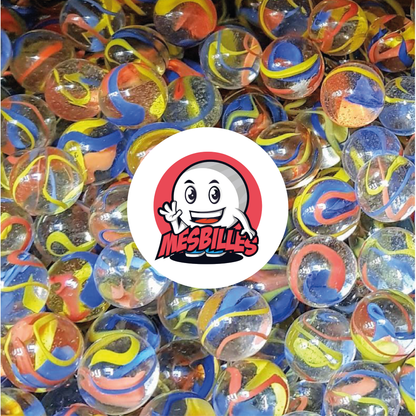 Billes Fusion Colorée de Rouge, Jaune et Bleu en Verre Transparent - Image de la Mascotte MesBilles entourée de Billes Perroquet 16 mm