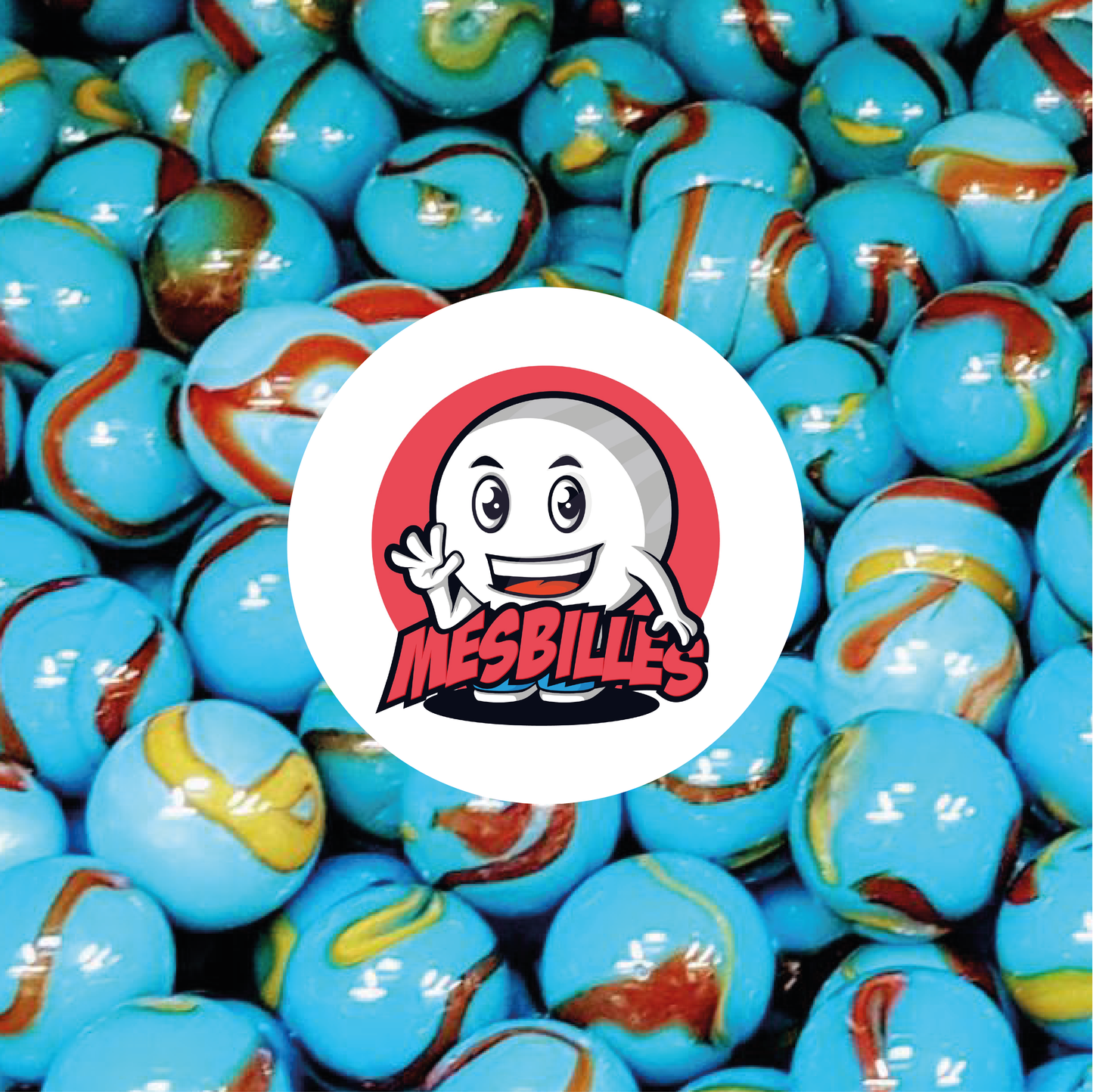 Image de la Mascotte MesBilles entourée de Billes Planète Terre Opaque de couleur Bleu avec des traces de Noir de 22 mm