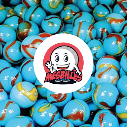 Image de la Mascotte MesBilles entourée de Billes Planète Terre Opaque de couleur Bleu avec des traces de Noir de 25 mm