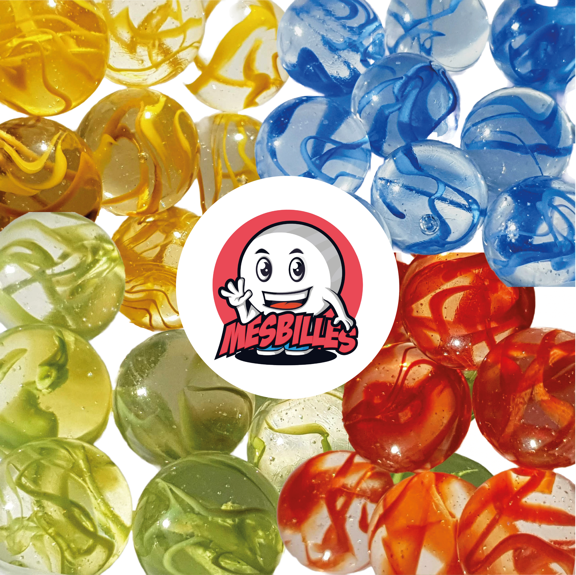 Image de la Mascotte MesBilles entourée de Billes translucides traversée de Rubans BLEU, Billes de 25 mm