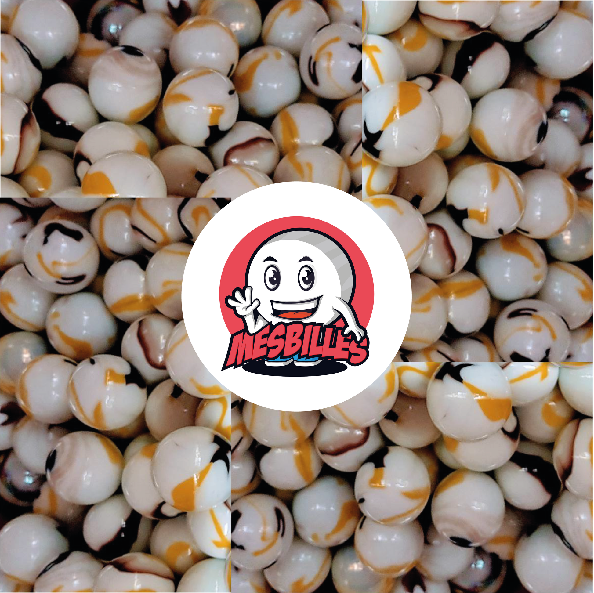 Image de la Mascotte MesBilles entourée de Billes Tigre Jaune Opaque de couleur Blanc strié de Jaune et Marron de 25 mm