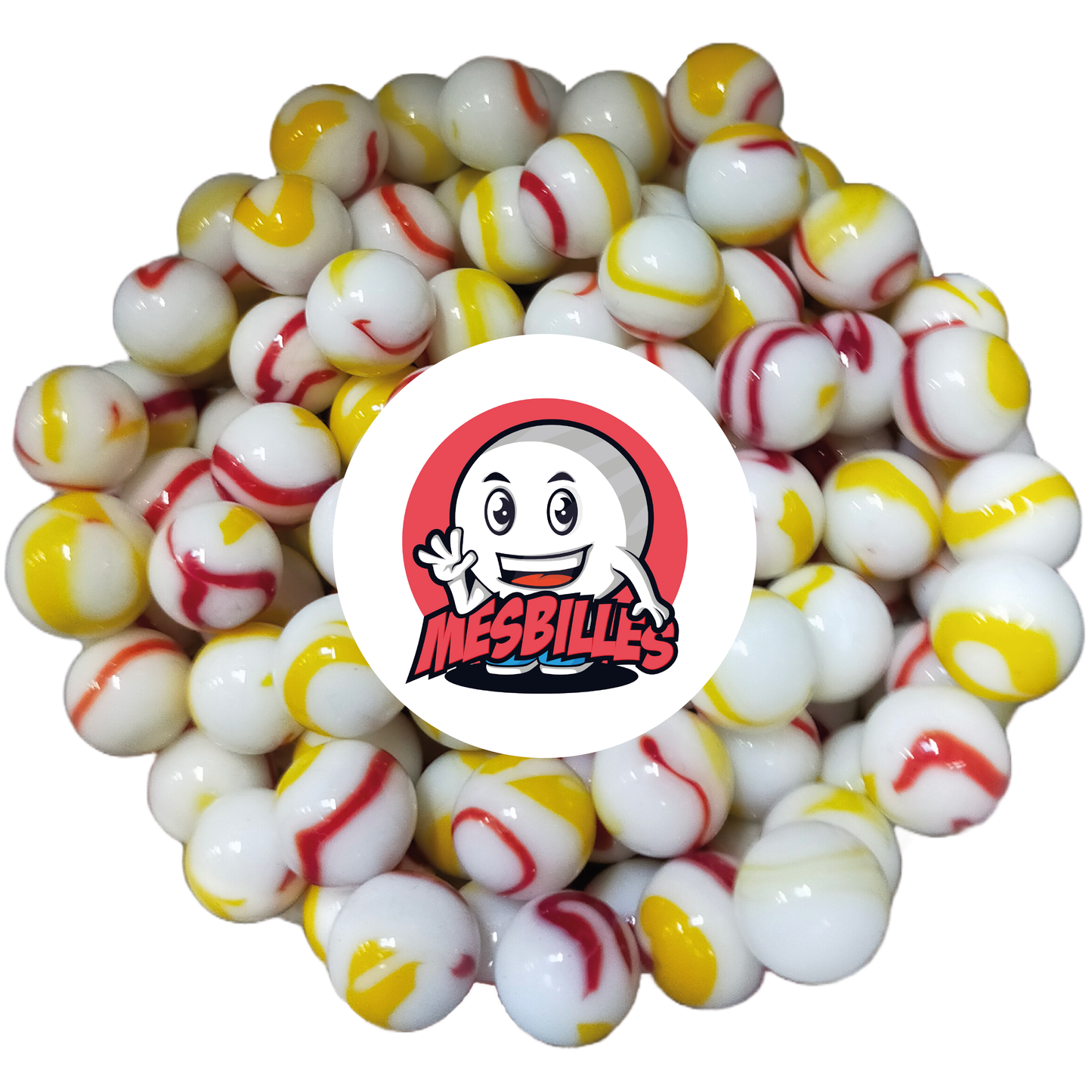 Image de la Mascotte MesBilles entourée de Billes Tigre Rouge 50 mm - Verre Opaque blanc strié de Orange et Rouge