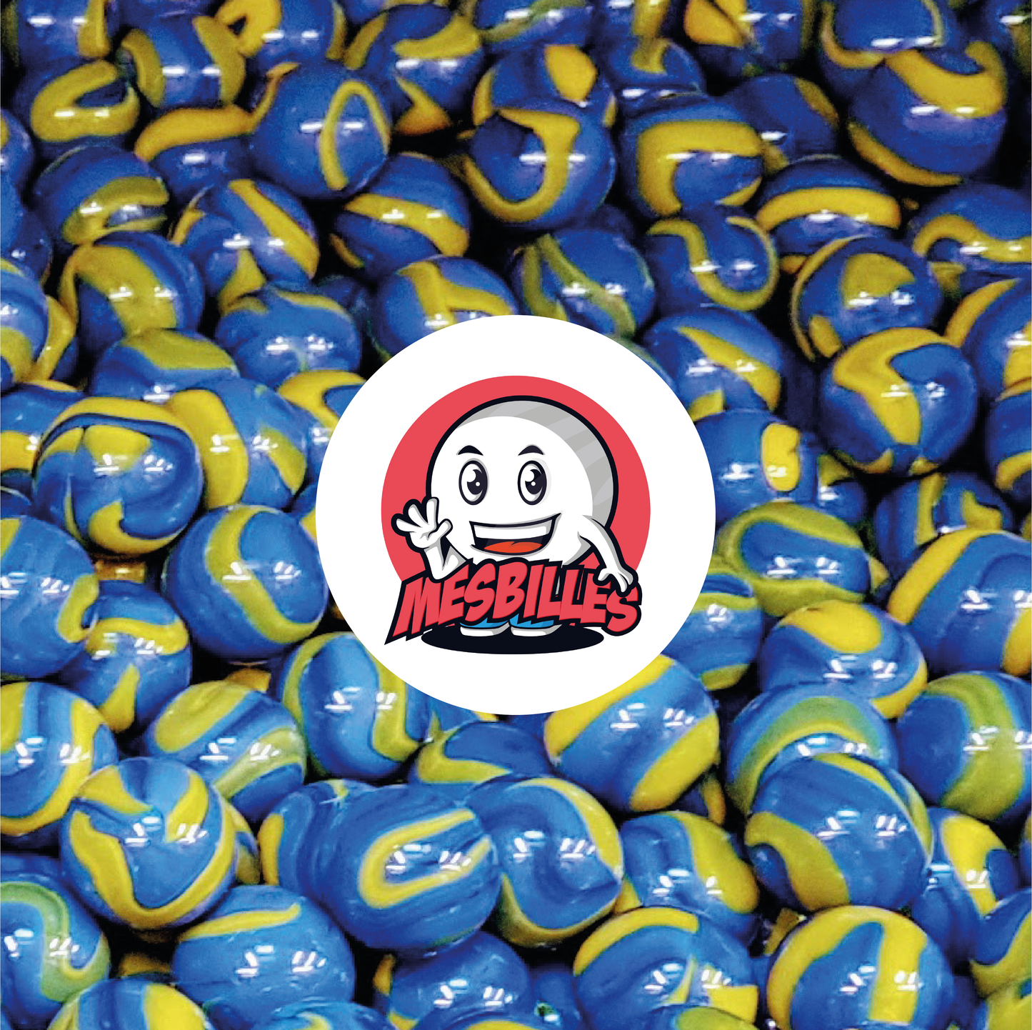 Image de la Mascotte MesBilles entourée de Billes Van Gogh 14 mm en verre opaque jaune strié de bleu