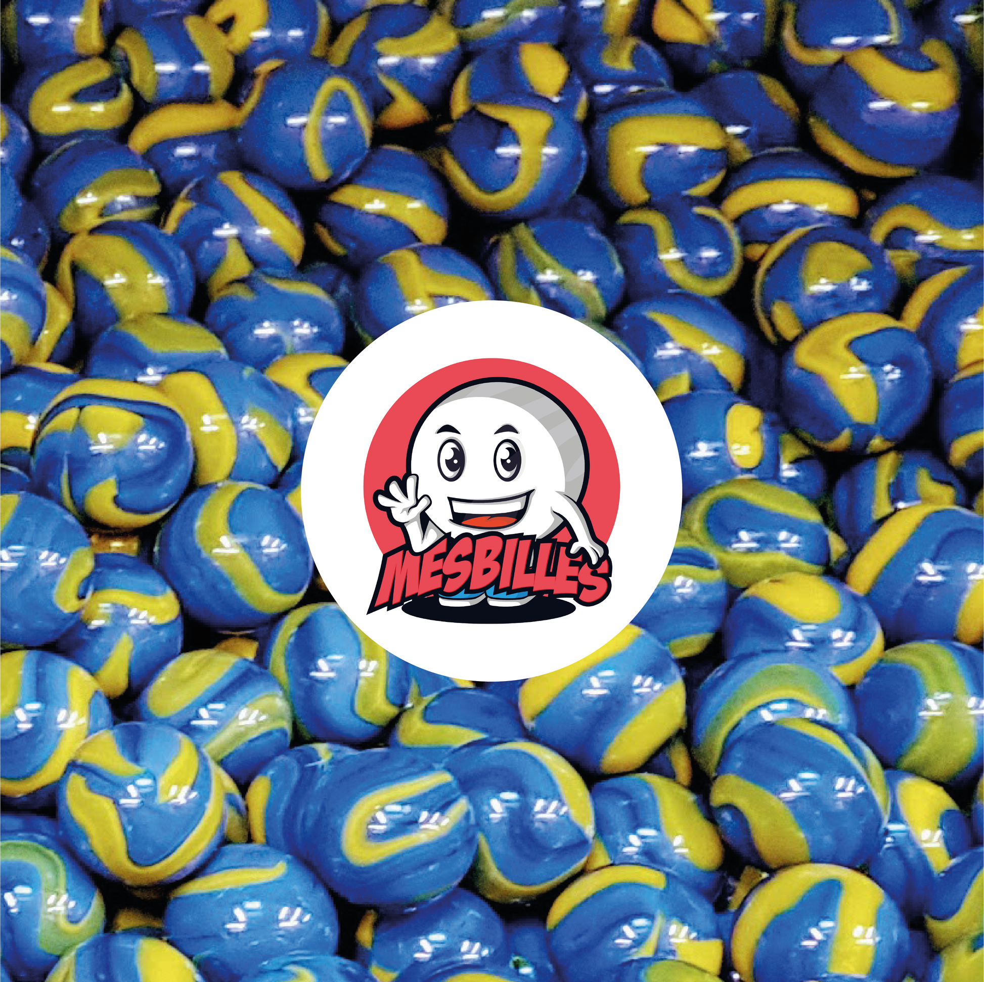 Image de la Mascotte MesBilles entourée de Billes Van Gogh 14 mm en verre opaque jaune strié de bleu