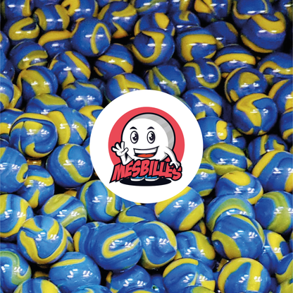 Image de la Mascotte MesBilles entourée de Billes Van Gogh 35 mm en verre opaque jaune strié de bleu