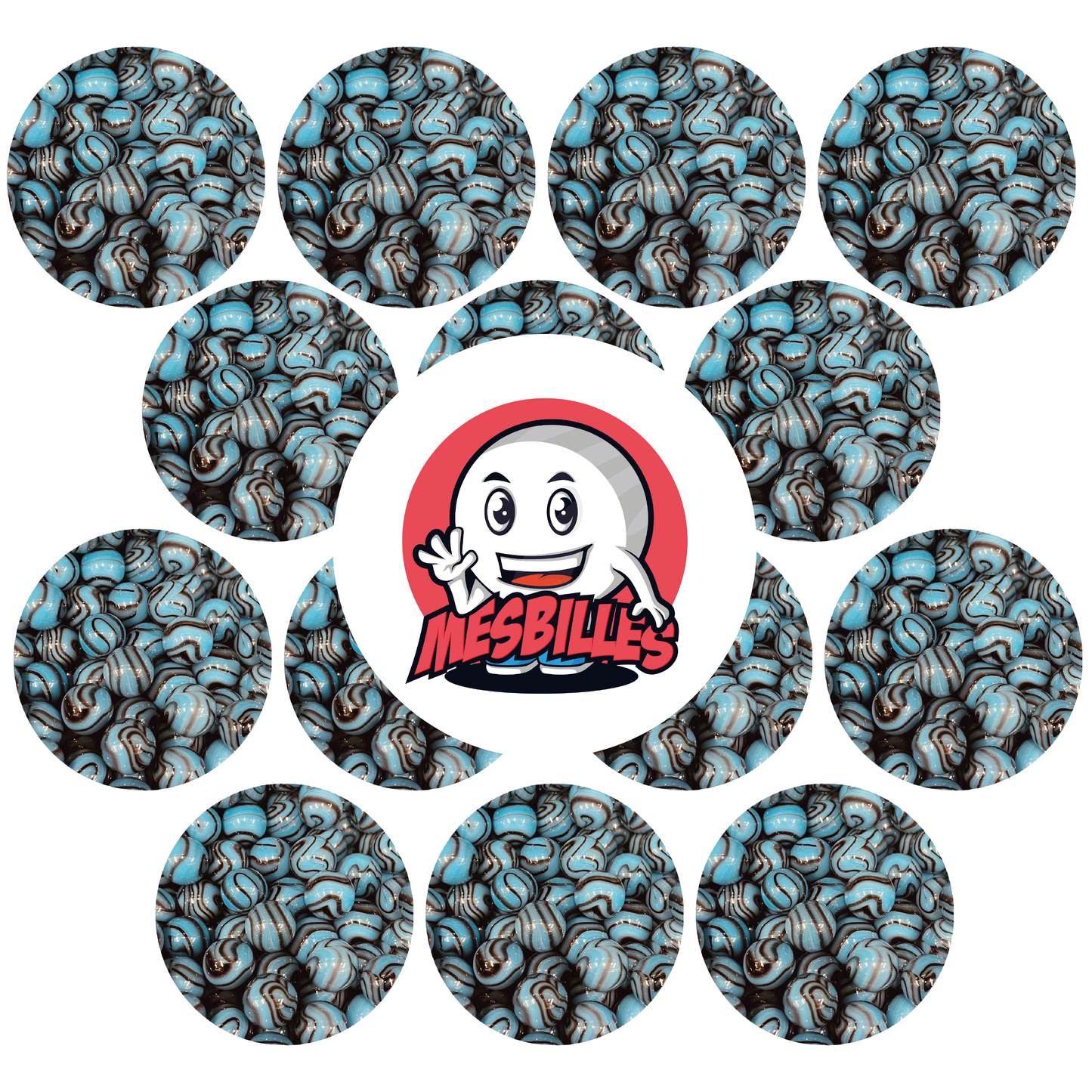 Image de la Mascotte MesBilles entourée de Billes Zèbre Turquoise 50 mm, safari ludique à portée de main