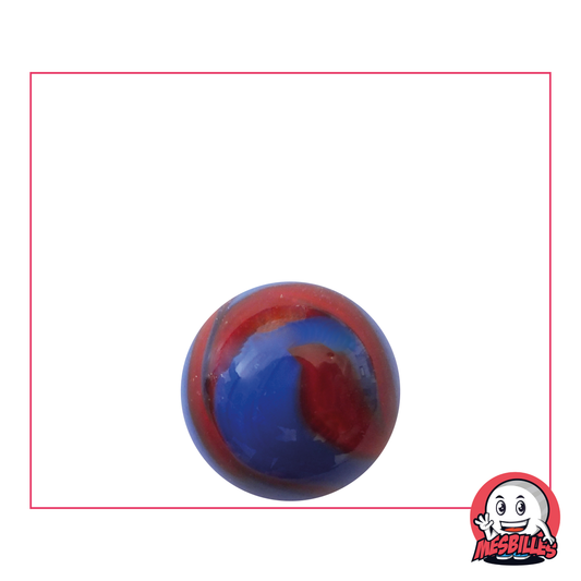 Bille Dino de 16 mm, bille en verre ronde Bleu opaque avec des vagues de couleurs rouges en surface